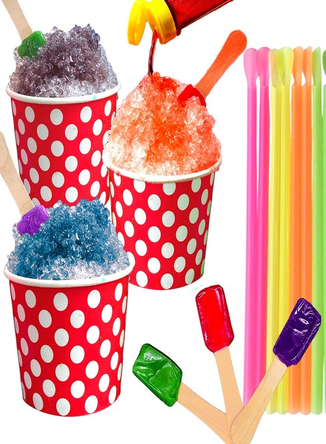 Concession Essentials مجموعة أدوات تقديم المثلجات/الثلج المجروش متعددة الألوان من كونسيشن إسينشالز - تتضمن 25 كوبًا أحمر وأبيض منقطًا، و30 ملعقة حلوى، و50 ماصة نيون - مثالية لأعياد الميلاد، والفعاليات الرياضية، والحفلات الموسيقية، والمهرجانات - Image 1